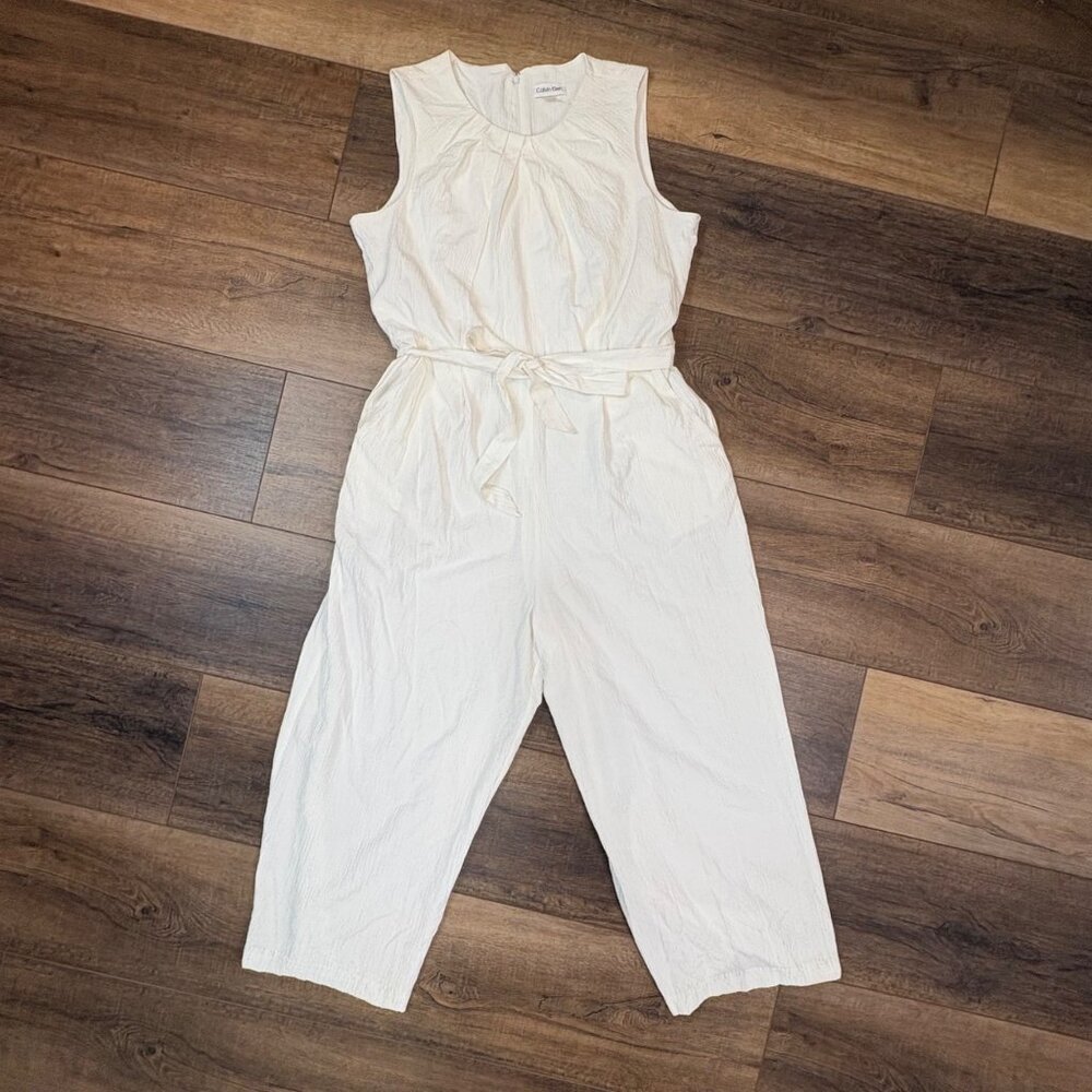 Calvin Klein Womens Sleeveless‎ Crinkle Crepe Jumpsuit Size 14 Tie Waist Onesie